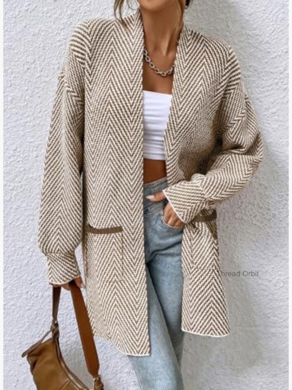 Chunky Knit Open Front Cardigan Sweater Coat Long Sleeve Striped Chevron - Picture 2 of 7